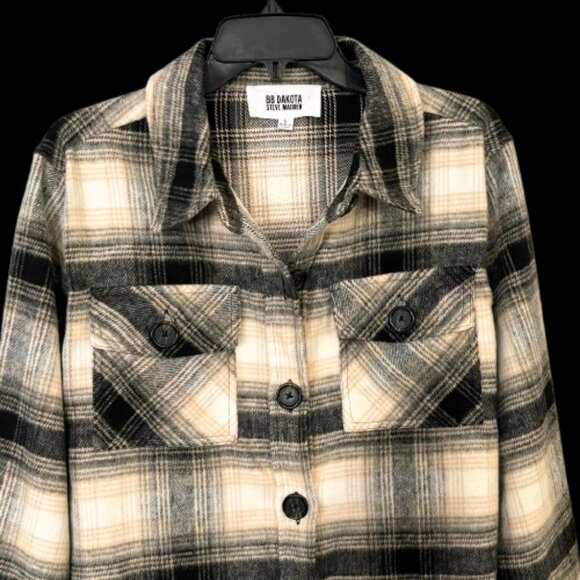 BB Dakota Black Tan Ivory Plaid Shaket Jacket Woman's Size Large - Picture 5 of 13